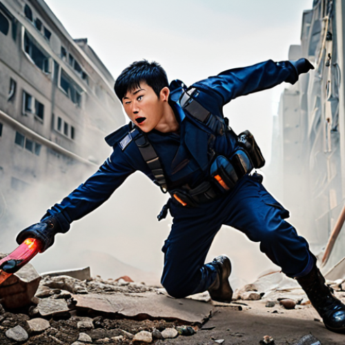 Home 7 **Courageous Hero in Action**
Prompt: "A brave hero, 강림, fearlessly rescuing his friends from danger. He is depicted in a dynamic pose, showcasing his strong and determined expression, surrounded by a vibrant, adventurous background that highlights his role as a protector."